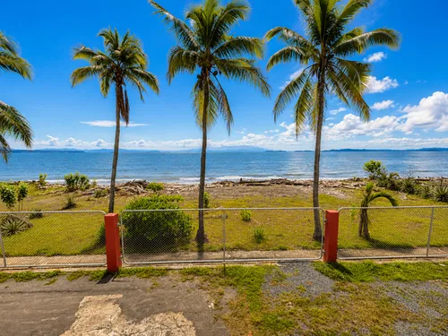 Vista del mar y las palmeras desde la parte trasera del hotel